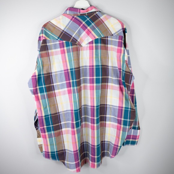 Saddlebrook Western Wear Men's XL shirt, plaid pink brown, pearl snaps Vintage - Picture 2 of 8